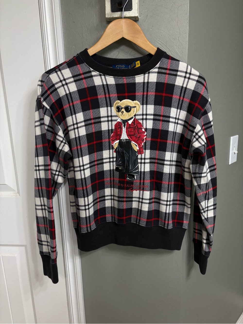 Ralph Lauren Black, White & Red Plaid Polo Bear Crewneck Sweater